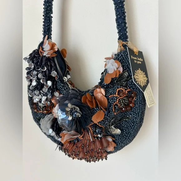 Viral beaded navy blue floral Brown sequins shoulder Bag